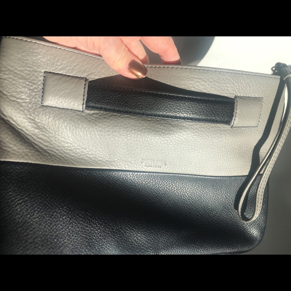 PERLINA clutch, end loop strap. 12-1/2”x 8-1/2” leather 2-tone black & gray.